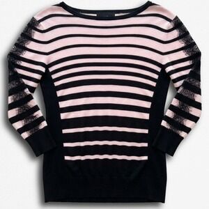 ByBy Women XL Pink Black Striped Lace Sleeve Knit Sweater Boat‎ Neck Pullover